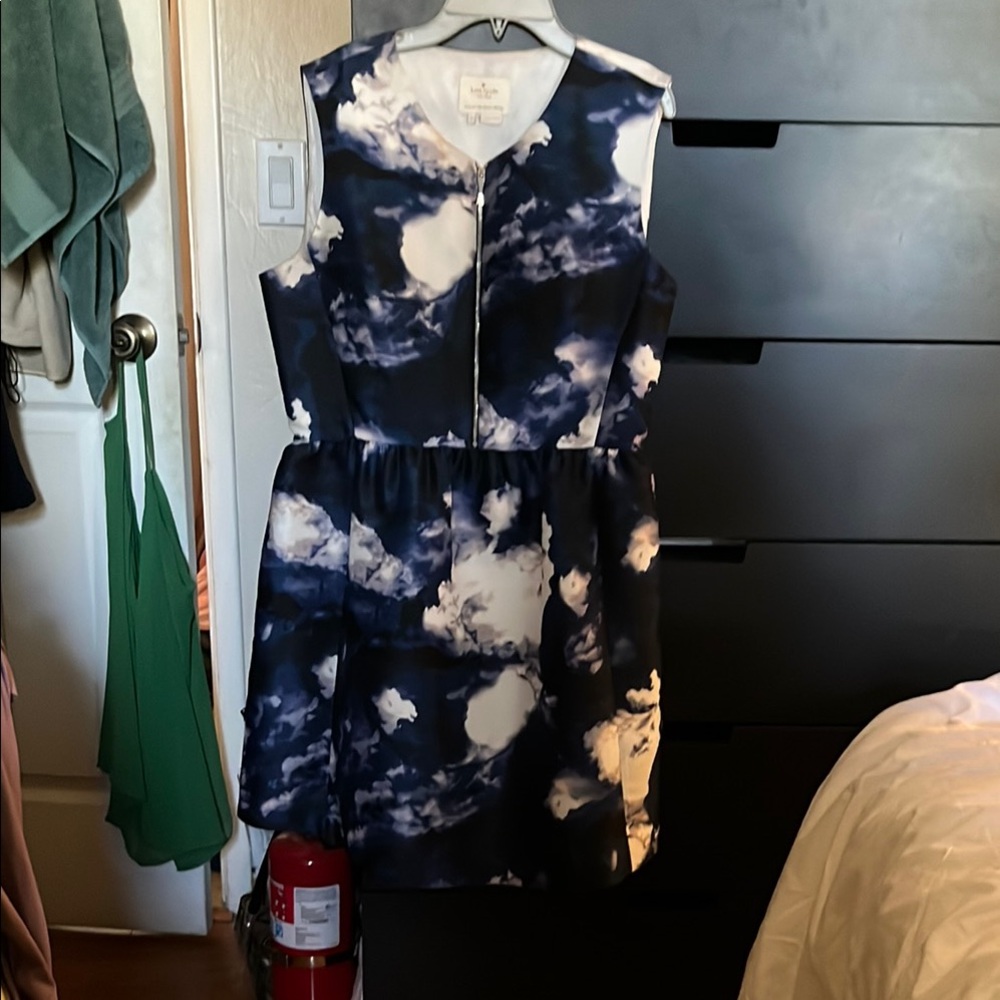Elegant Navy and White Cloud Print Dress